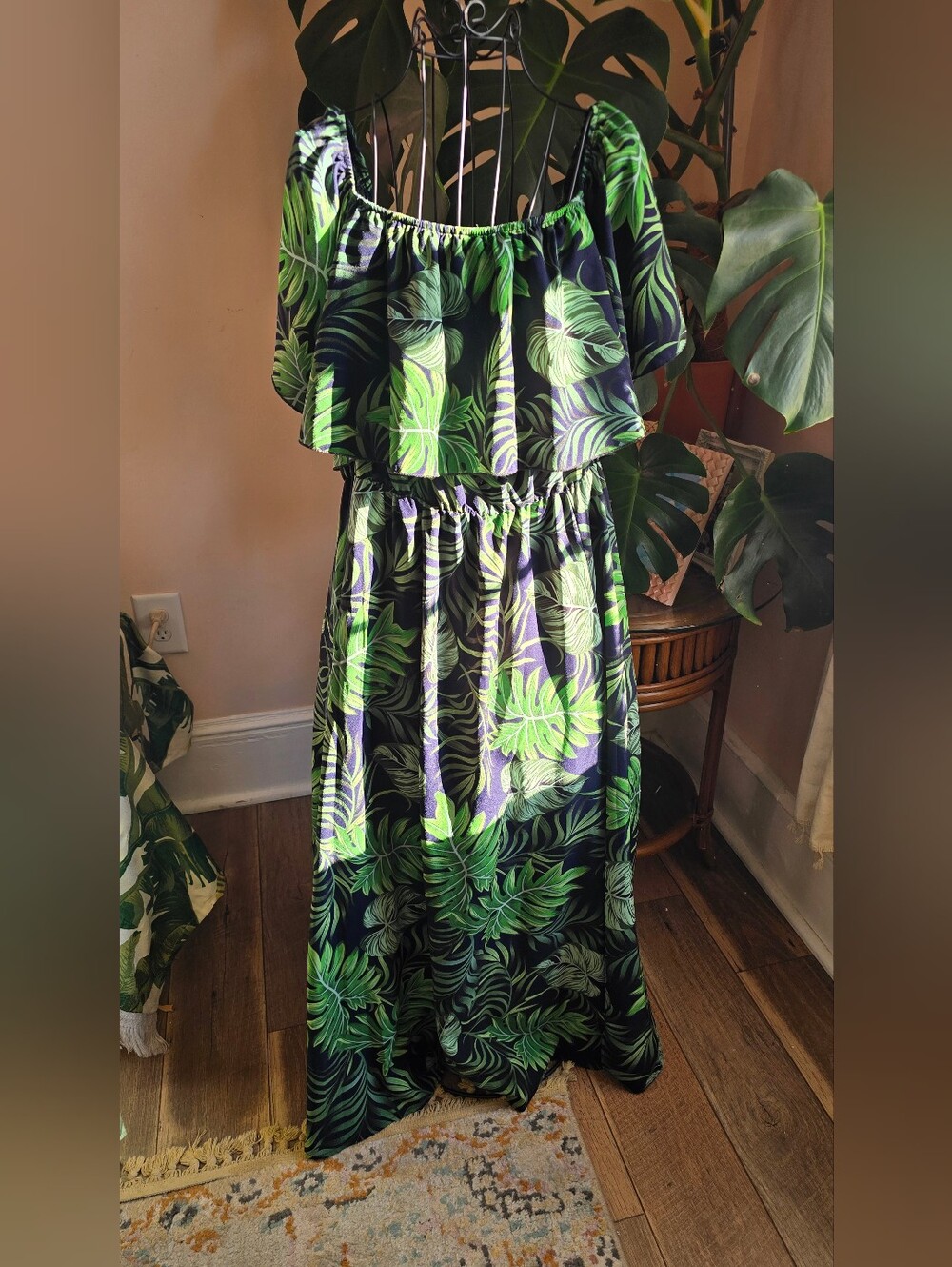 Cupshe Tropical Monstera Palm Leaf Off Shoulder Maxi Dress Size XL